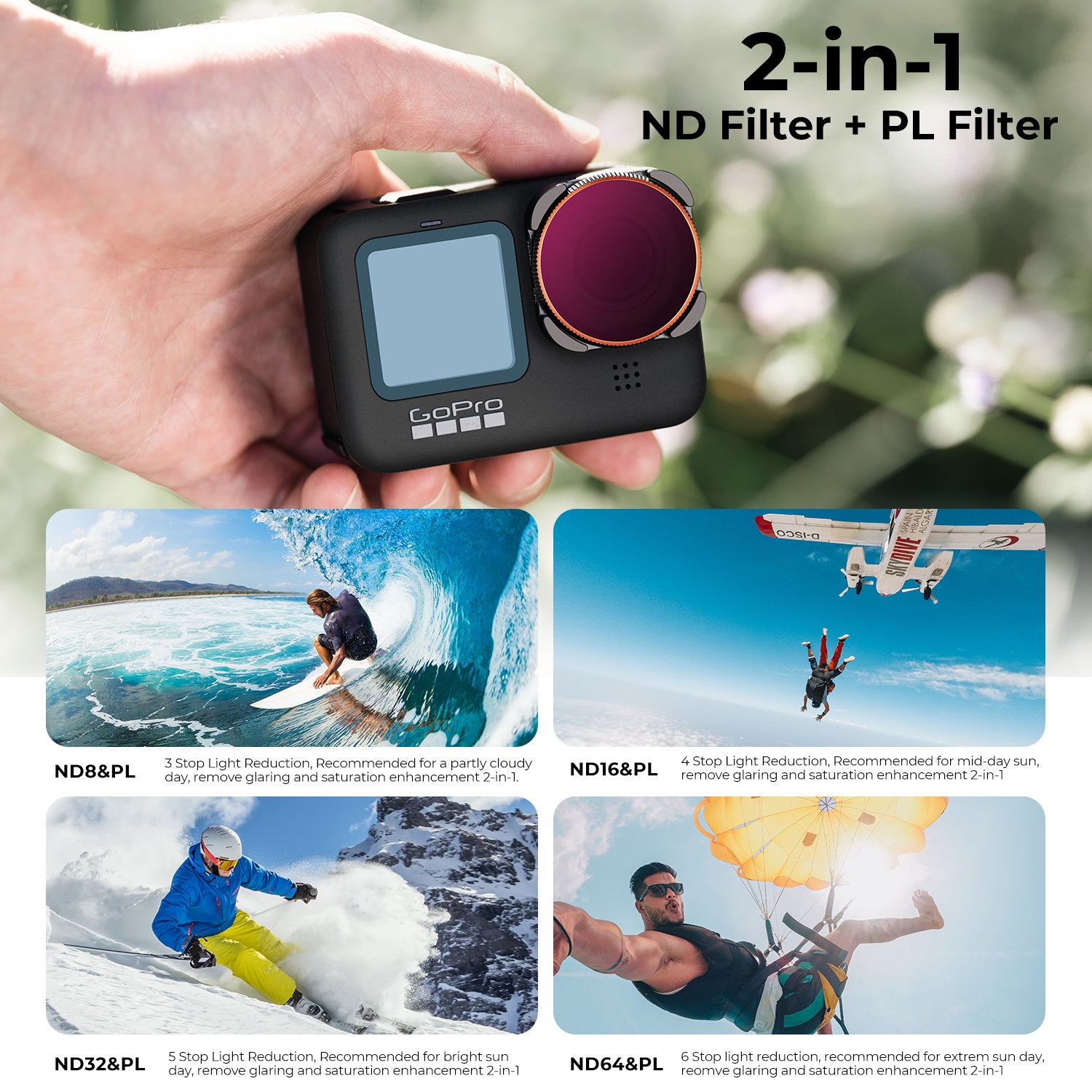 GOPRO Hero 9/10/11/12/13 Action Camera Filter Set ND8&PL + ND16&PL + ND32&PL + ND64&PL 4 Pack 2-in-1 Filter Kit Protector GOPRO Hero 9/10/11/12/13 Action Camera Filter Set ND8&PL + ND16&PL + ND32&PL + ND64&PL 4 Pack 2-in-1 Filter Kit Protector